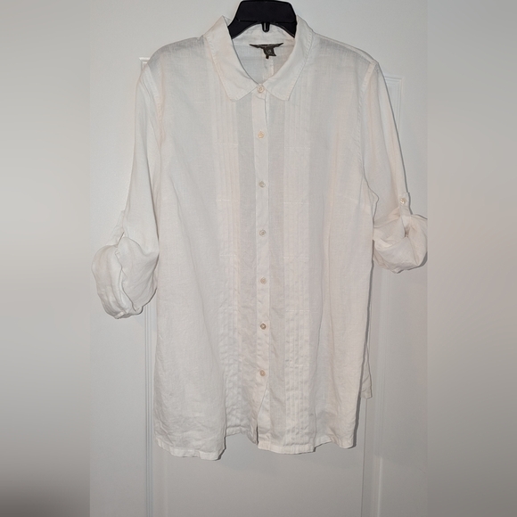 Tommy Bahama white linen button down tunic with roll up button sleeves. Sz large - Picture 1 of 6